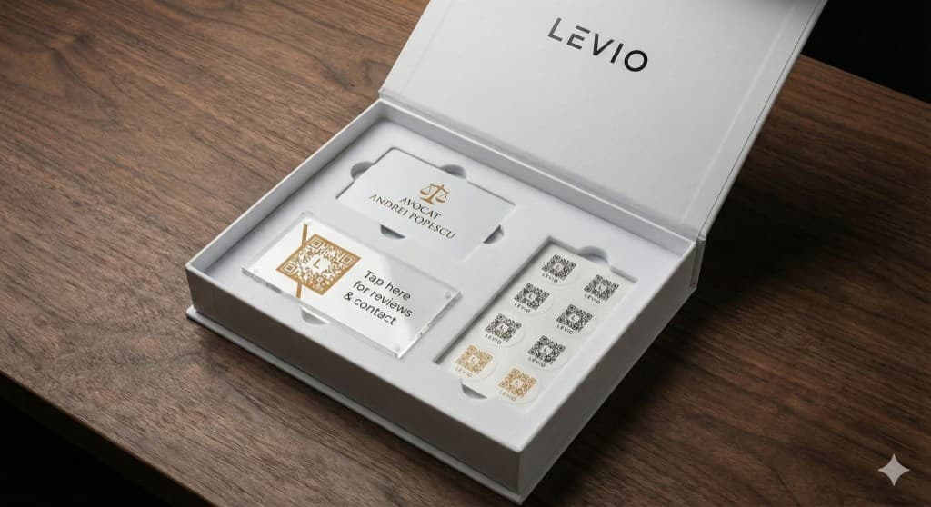 Pachetul fizic Levio: Tent Card NFC, Card de Vizită Digital și Stickere QR pentru afaceri locale